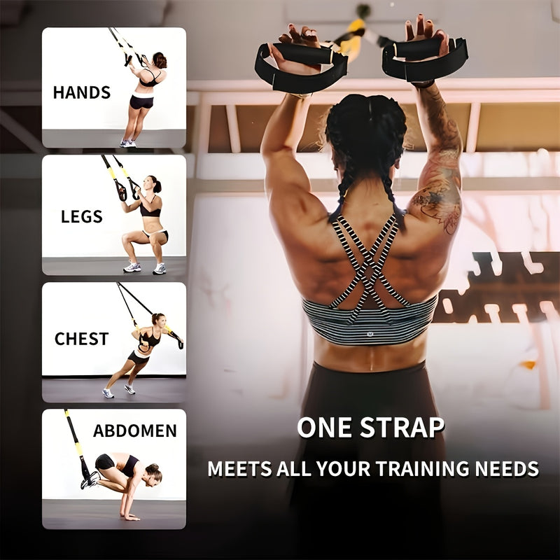 Conjunto de treino de suspensão de corpo inteiro ajustável com âncora de porta, braços extensíveis e correias para os pés - Fibra de poliéster durável, ideal para exercícios de ginásio em casa, preto, kit completo|-2T