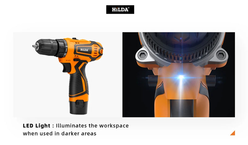 Hilda furadeira elétrica 12v 16v 20v, furadeira sem fio, chave de fenda elétrica, mini driver de energia sem fio, bateria de íon de lítio dc