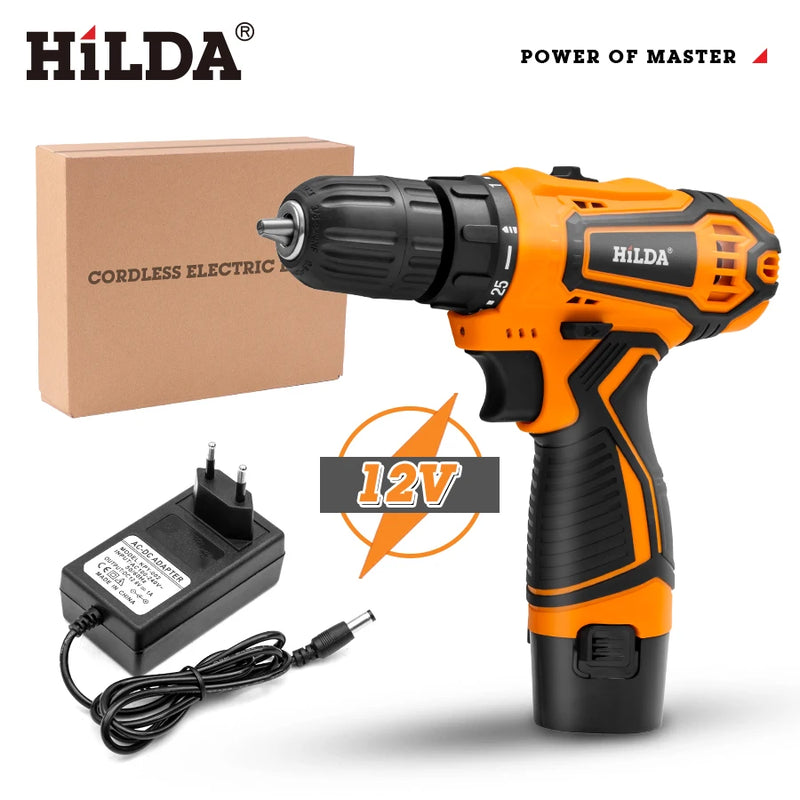 Hilda furadeira elétrica 12v 16v 20v, furadeira sem fio, chave de fenda elétrica, mini driver de energia sem fio, bateria de íon de lítio dc