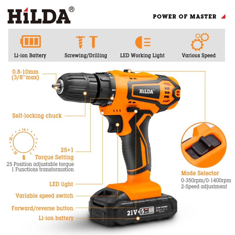 Hilda furadeira elétrica 12v 16v 20v, furadeira sem fio, chave de fenda elétrica, mini driver de energia sem fio, bateria de íon de lítio dc