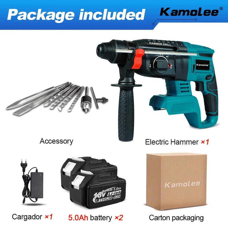 Kamolee 2000W 10600IPM Brushless Cordless Rotary Hammer Broca Recarregável Martelo Elétrico Furadeira de Impacto Para Makita Bateria
