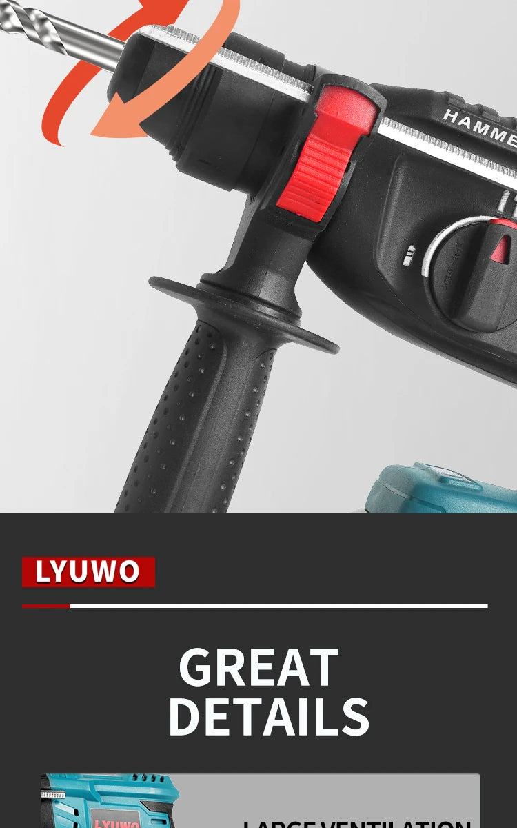 Lyuwo martelo de impacto profissional com bateria de lítio, broca de impacto sem escova, perfuração de concreto/metal 20v 4500ipm