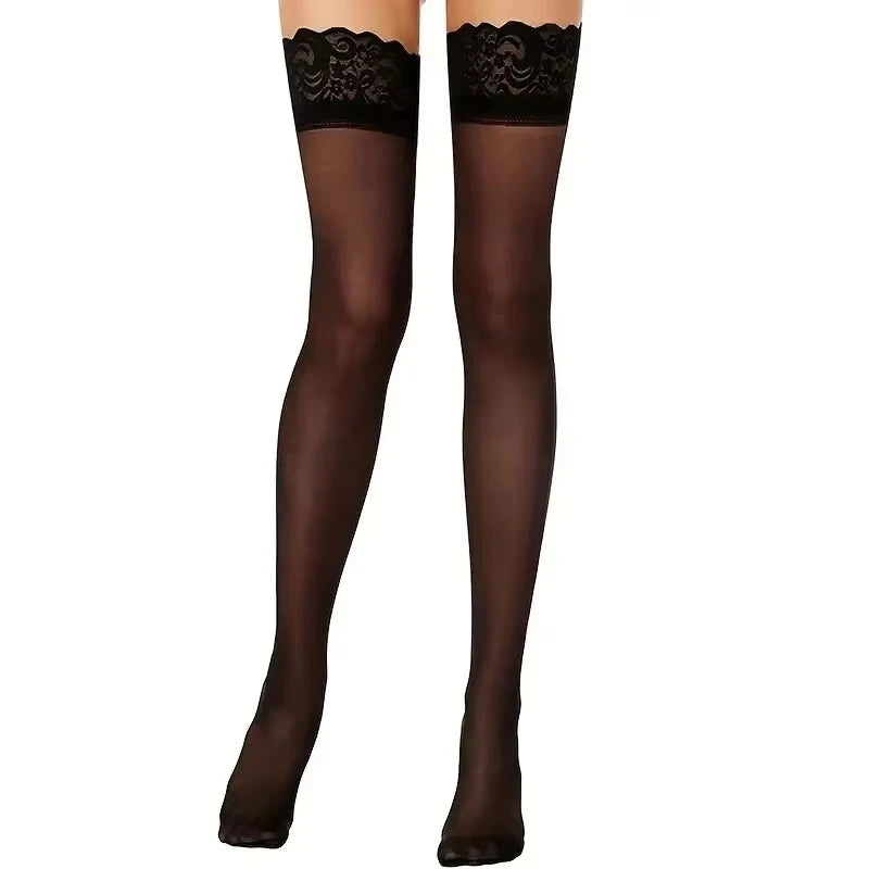 Meias femininas de renda até a coxa, meias transparentes antiderrapantes de silicone ultra cintilantes