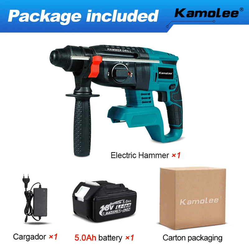 Kamolee 2000W 10600IPM Brushless Cordless Rotary Hammer Broca Recarregável Martelo Elétrico Furadeira de Impacto Para Makita Bateria