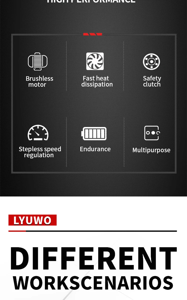 Lyuwo martelo de impacto profissional com bateria de lítio, broca de impacto sem escova, perfuração de concreto/metal 20v 4500ipm