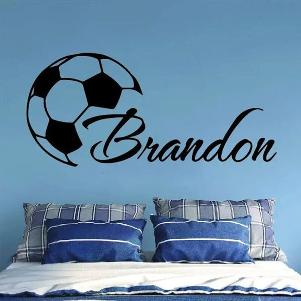 Bola de futebol com nome - arte de parede, adesivo de vinil com nome personalizado, murais de decoração de parede esportiva para quarto de menino