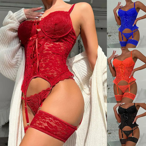 Conjunto de lingerie erótica feminina íntima sexy sutiã de renda pura + cinto de liga + tanga roupa íntima sexy bodysuits