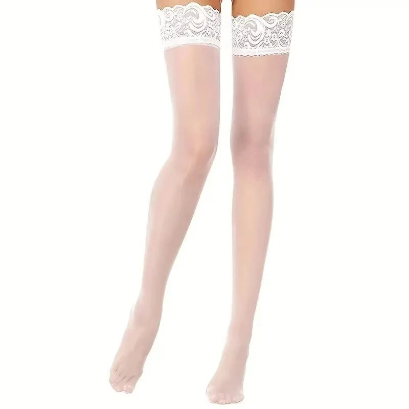 Meias femininas de renda até a coxa, meias transparentes antiderrapantes de silicone ultra cintilantes