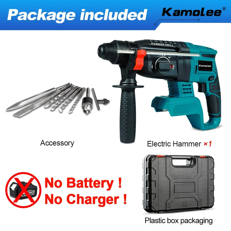 Kamolee 2000W 10600IPM Brushless Cordless Rotary Hammer Broca Recarregável Martelo Elétrico Furadeira de Impacto Para Makita Bateria