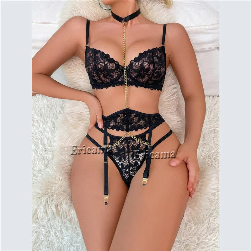 Conjunto de lingerie de liga de renda floral com gargantilha feminina íntima 2024 sutiã e tangas conjunto de roupa íntima feminina