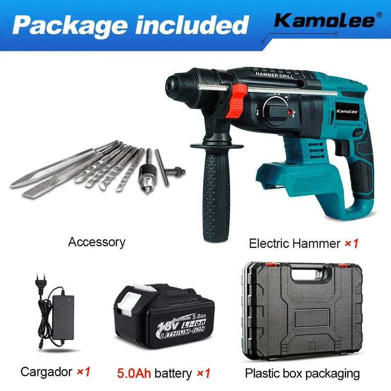 Kamolee 2000W 10600IPM Brushless Cordless Rotary Hammer Broca Recarregável Martelo Elétrico Furadeira de Impacto Para Makita Bateria