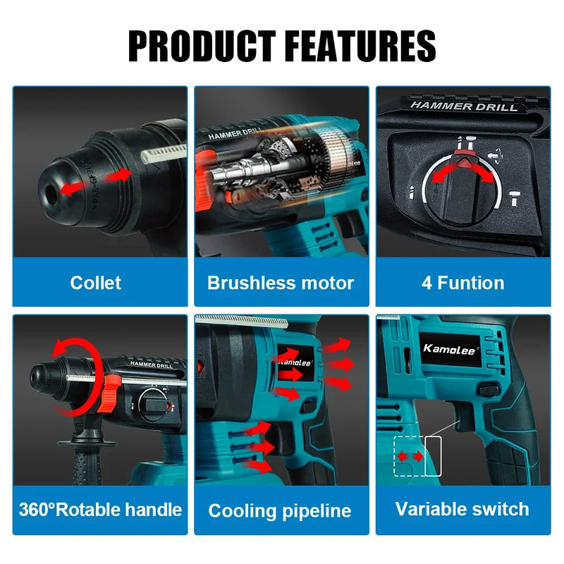 Kamolee 2000W 10600IPM Brushless Cordless Rotary Hammer Broca Recarregável Martelo Elétrico Furadeira de Impacto Para Makita Bateria