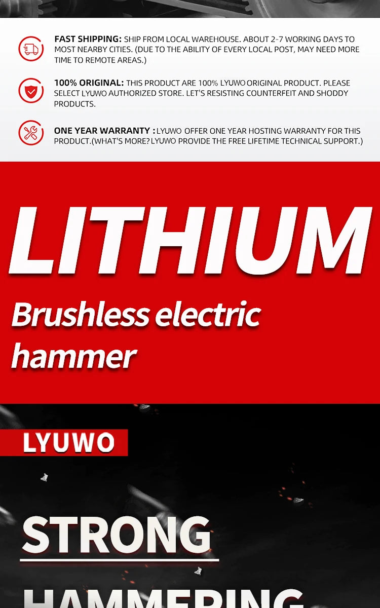 Lyuwo martelo de impacto profissional com bateria de lítio, broca de impacto sem escova, perfuração de concreto/metal 20v 4500ipm