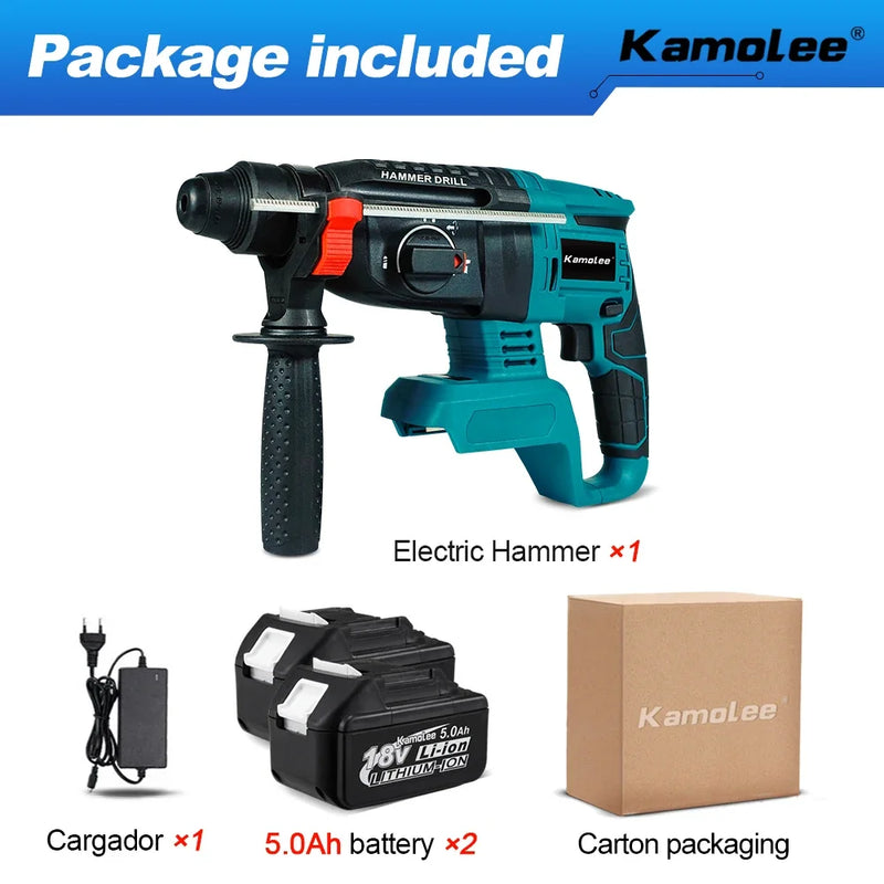 Kamolee 2000W 10600IPM Brushless Cordless Rotary Hammer Broca Recarregável Martelo Elétrico Furadeira de Impacto Para Makita Bateria