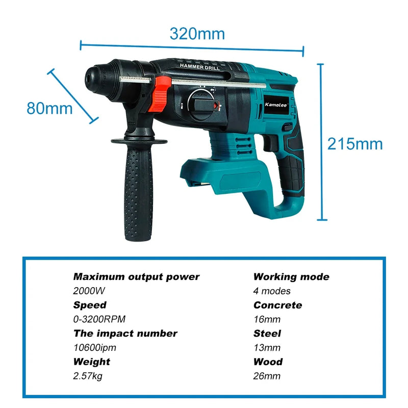 Kamolee 2000W 10600IPM Brushless Cordless Rotary Hammer Broca Recarregável Martelo Elétrico Furadeira de Impacto Para Makita Bateria