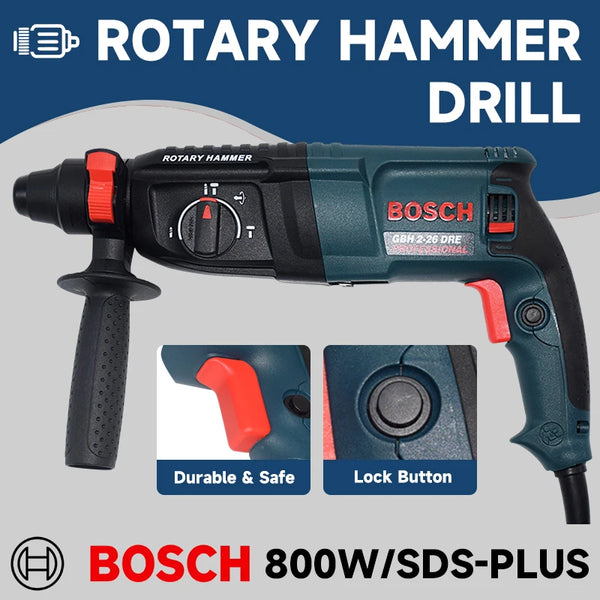 Broca de martelo profissional bosch GBH2-26DRE 810w, alta potência, velocidade variável, usada para diy e construção, envio rápido