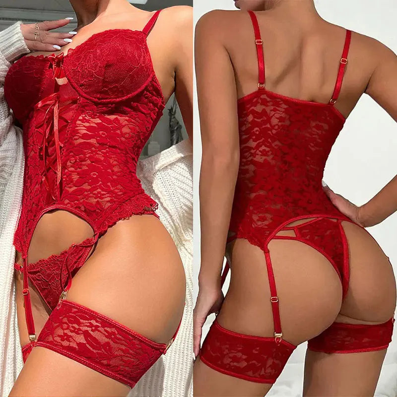 Conjunto de lingerie erótica feminina íntima sexy sutiã de renda pura + cinto de liga + tanga roupa íntima sexy bodysuits
