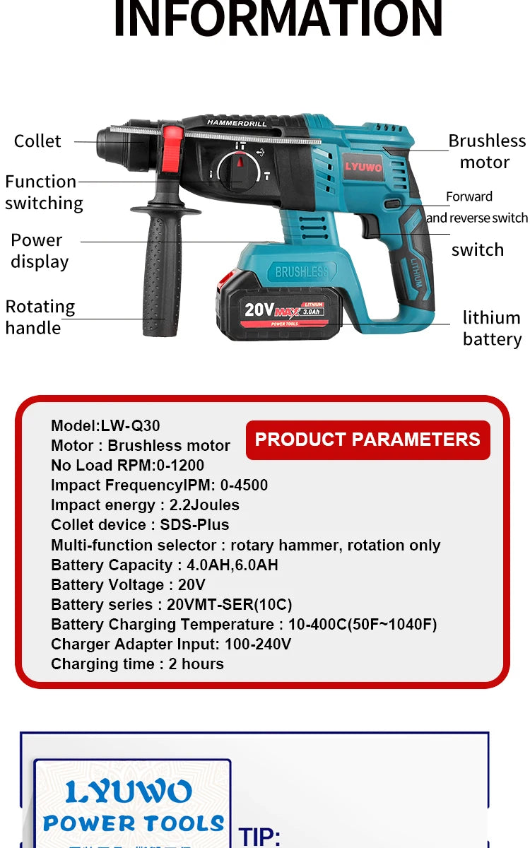 Lyuwo martelo de impacto profissional com bateria de lítio, broca de impacto sem escova, perfuração de concreto/metal 20v 4500ipm