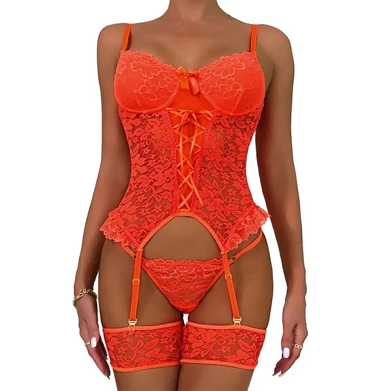 Conjunto de lingerie erótica feminina íntima sexy sutiã de renda pura + cinto de liga + tanga roupa íntima sexy bodysuits