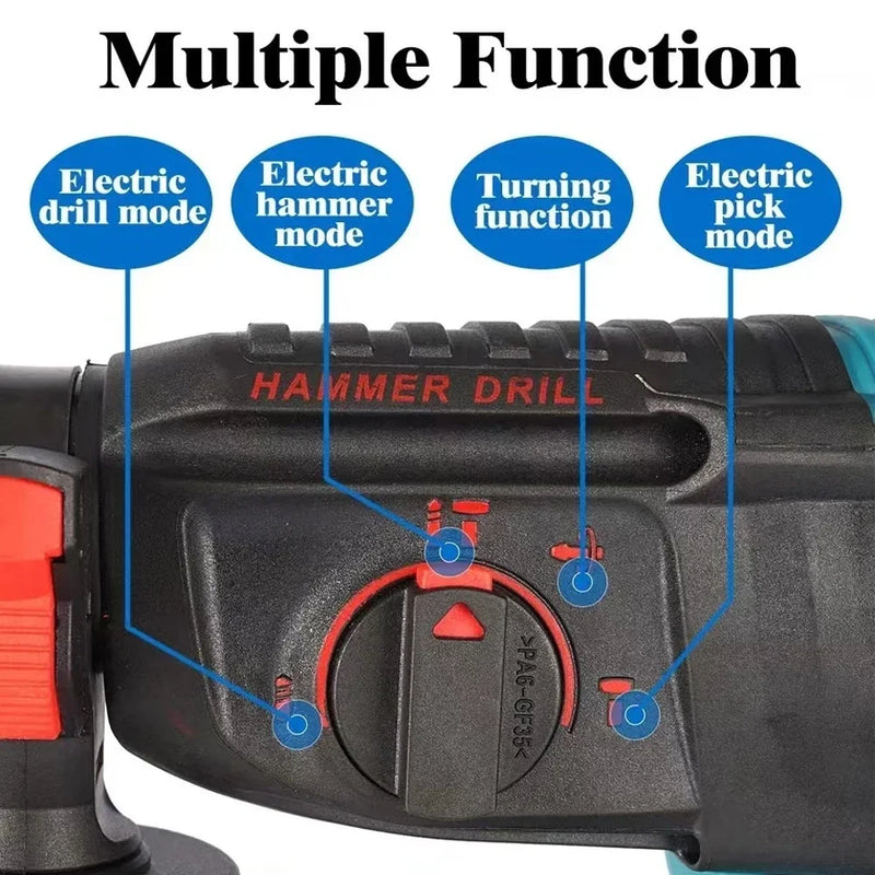 Furadeira de martelo sem fio recarregável de 18V, ferramentas elétricas rotativas multifuncionais, elétrica sem escova, compatível com bateria Makita