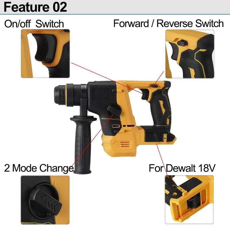 Broca de impacto rotativa elétrica sem fio, martelo sem escova, funções duplas, Dewalt, bateria 18V, 26mm, 4800ipm