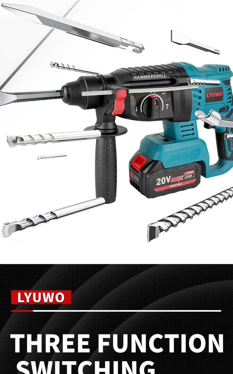 Lyuwo martelo de impacto profissional com bateria de lítio, broca de impacto sem escova, perfuração de concreto/metal 20v 4500ipm