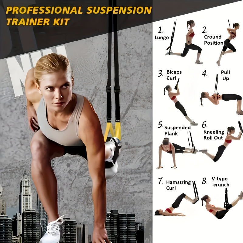 Conjunto de treino de suspensão de corpo inteiro ajustável com âncora de porta, braços extensíveis e correias para os pés - Fibra de poliéster durável, ideal para exercícios de ginásio em casa, preto, kit completo|-2T