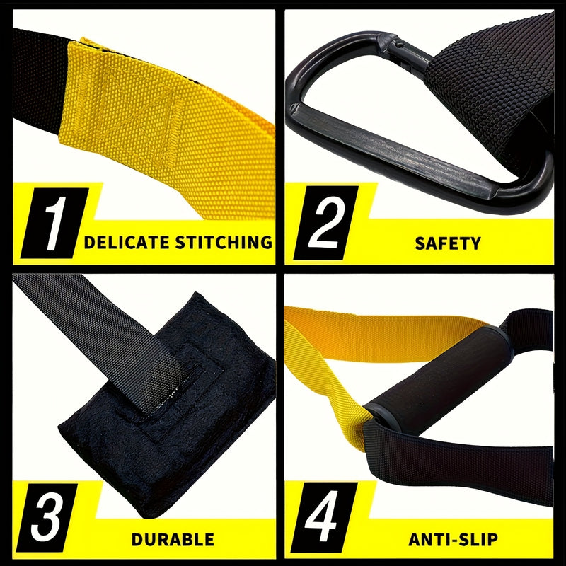 Conjunto de treino de suspensão de corpo inteiro ajustável com âncora de porta, braços extensíveis e correias para os pés - Fibra de poliéster durável, ideal para exercícios de ginásio em casa, preto, kit completo|-2T